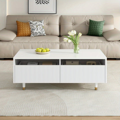 Salontafel – Koffietafel – Bijzettafel – Nachtkastje – Woonkamertafel – Modern Golvend Ladeontwerp – Wit-Gouden Metalen Poten – Dubbele Opberglades – Compact 80x40x45 cm