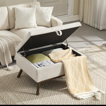 Opbergpoef – Opbergbox – Zitkussen – Poefbank – Voetenbank – Beige – Mid-Century Modern – Microvezel Bekleding – Houten Frame – Ruime Opbergruimte – Lichtgewicht & Compact