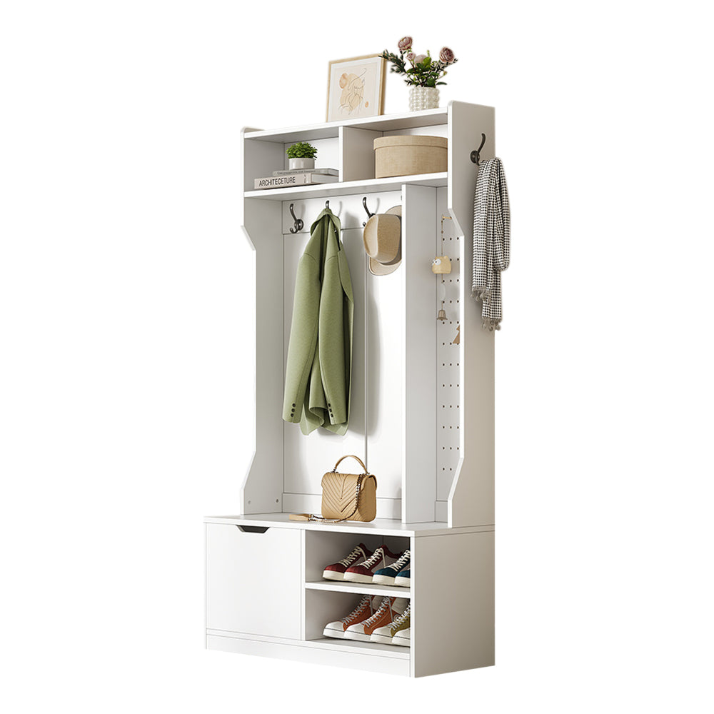 Garderobekast – Kledingkast – Halmeubel – Opbergkast – Kapstok – Wit – Met Bankje – 6 Haken – Ruimtebesparend – Eenvoudige Montage Zonder Gereedschap – 100x186x40 cm