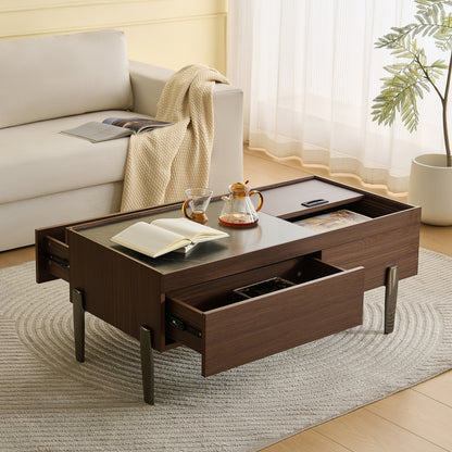 Salontafel – Woonkamertafel – Koffietafel – Side Table – Brewing Variant – Donkerbruin Houtlook Met Glazen Tafelblad – Verborgen Opbergruimte Met Schuifdeksel