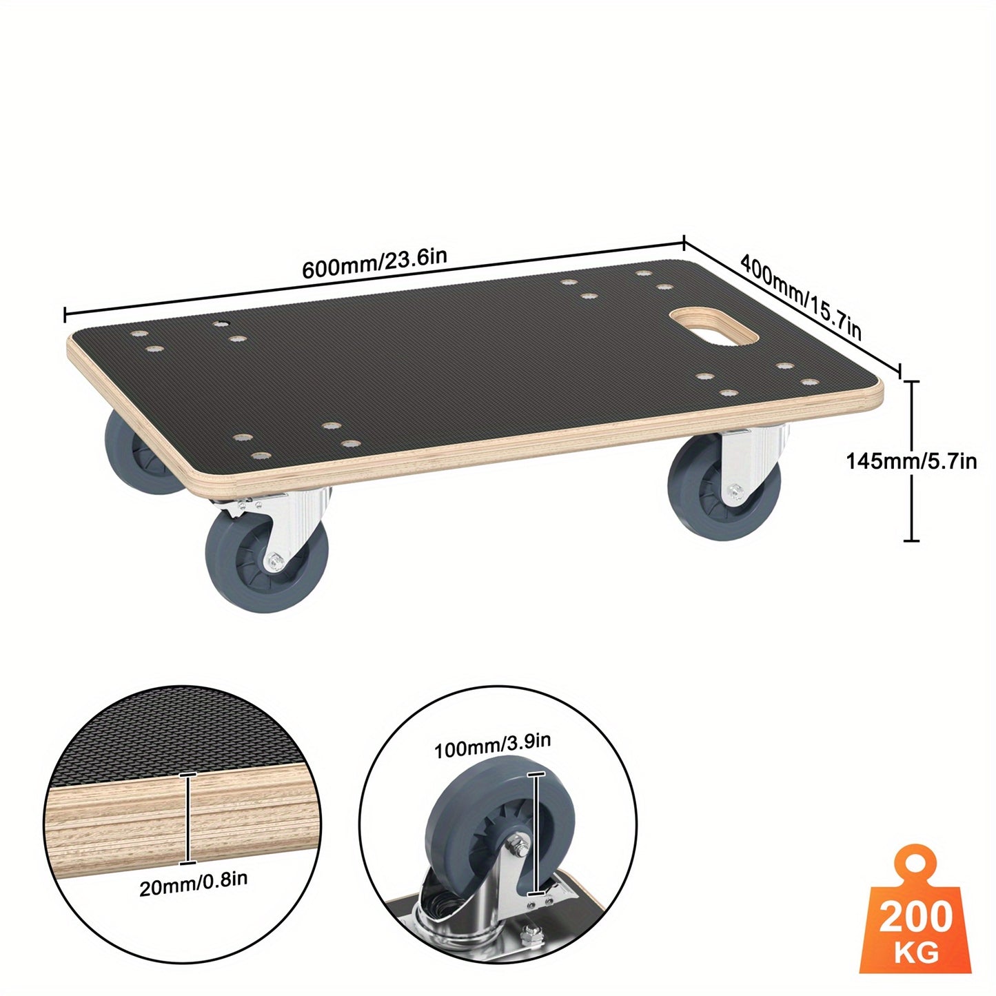 Transportkar – Trolley – Handwagen – Transportwagen – Rolwagen – 2 stuks 60x40x14,5 cm – 200 kg Draagkracht – Waterbestendig Houten Plateau
