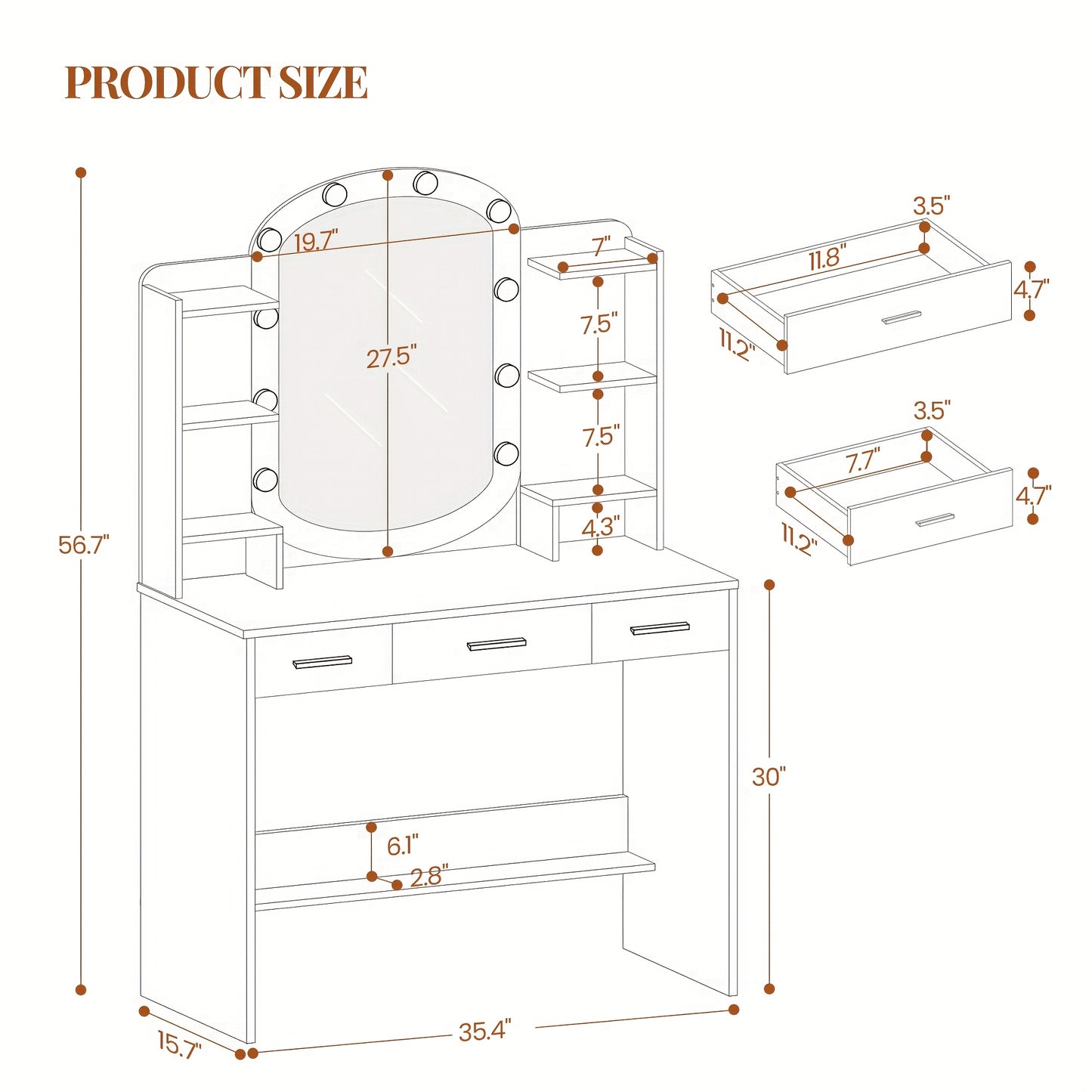 Makeuptafel – Kaptafel – Cosmeticatafel – Vanitafel – Make-up Tafel – Witte Make-up Tafel met Ovale Spiegel – 10 LED Lampjes met Instelbare Helderheid – 3 Lades en 6 Open Vakken, 40x90x144 cm