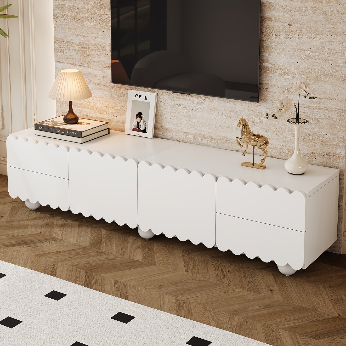 tv meubel – tv kast – tv stand – lowboard – media meubel – wit – modern geschulpte afwerking – bamboe materiaal – 4 lades – 2 kastdeuren – vloerstaand