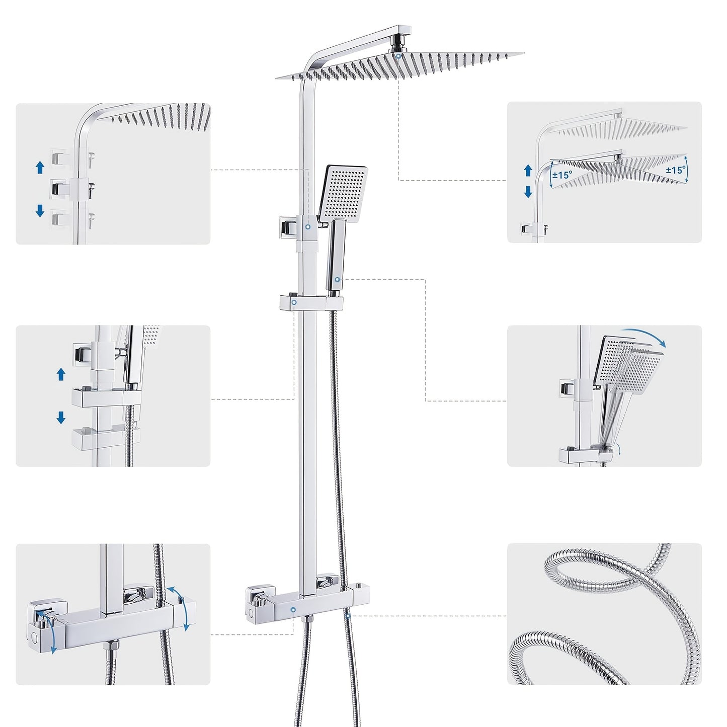 Douchekraan – Doucheset – Thermostaatkraan – Regendouche – Douchekraan Set – RVS – Hoofddouche 30x30 cm – Verstelbare Hoogte 80-124 cm