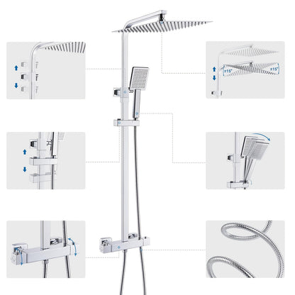 Douchekraan – Doucheset – Thermostaatkraan – Regendouche – Douchekraan Set – RVS – Hoofddouche 30x30 cm – Verstelbare Hoogte 80-124 cm