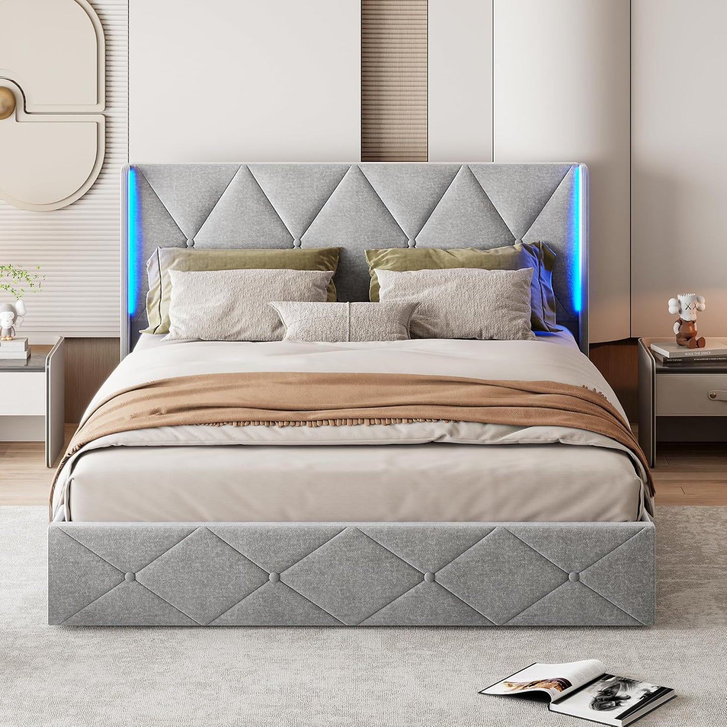 Bed – Bedframe – Bedbank – Slaapbed – Tweepersoonsbed – 160x200 cm – Beige Fluwelen Bekleding – LED-Verlichting en Opbergruimte
