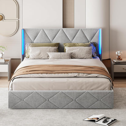 Bed – Bedframe – Bedbank – Slaapbed – Tweepersoonsbed – 160x200 cm – Beige Fluwelen Bekleding – LED-Verlichting en Opbergruimte