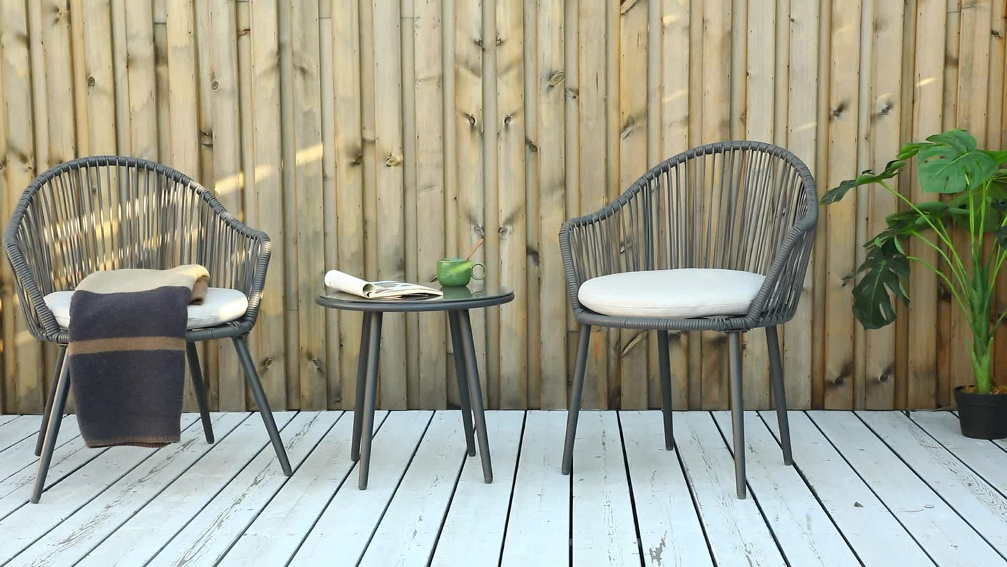 Bistroset – Tuinset – Balkonset – Tuintafel Set – Tuinmeubel – Stalen Frame – Inclusief Grijze Kussens – Tempered Glas Blad