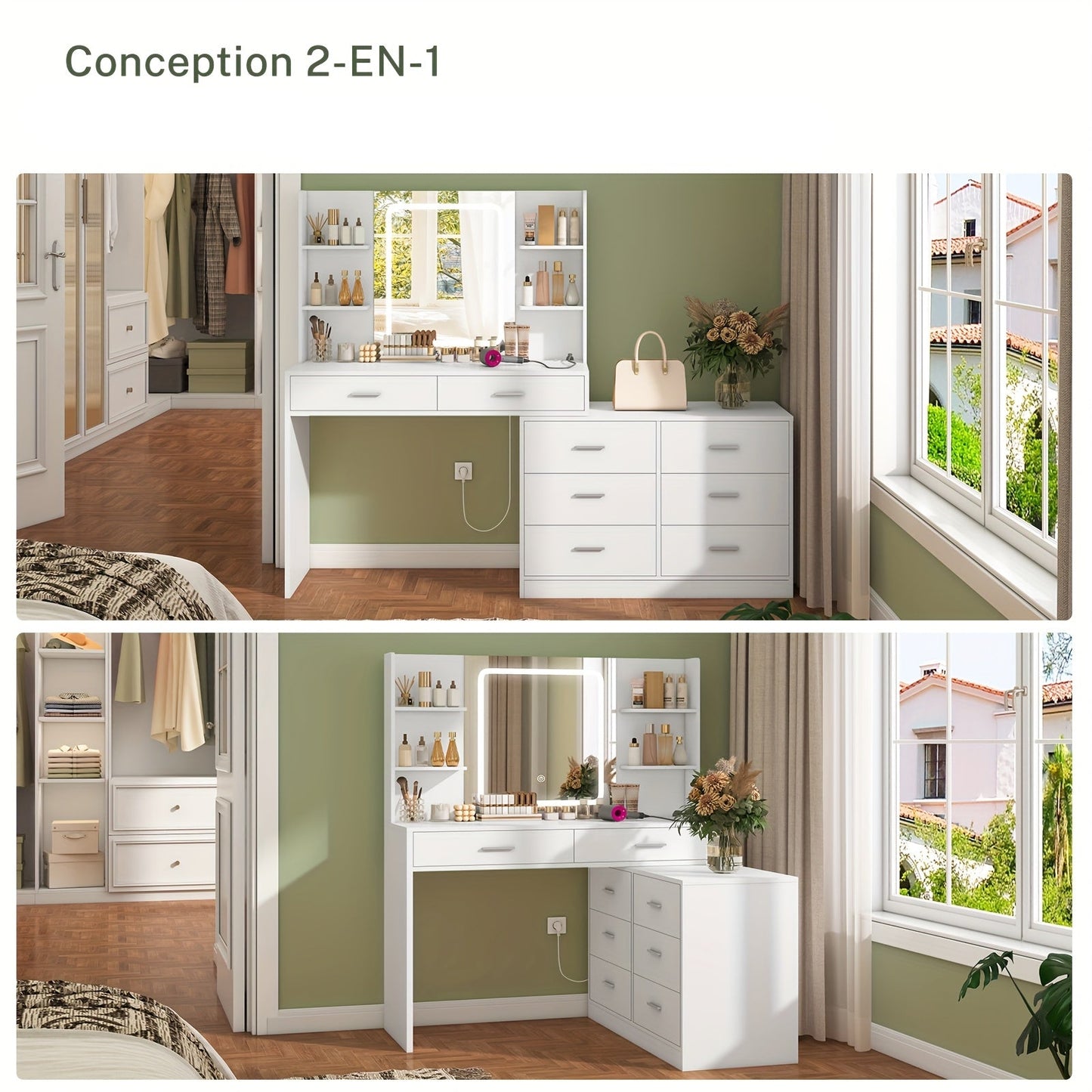Toilettafel – Kaptafel – Make-up Tafel – Opmaaktafel – Hoekmake-uptafel – Verlichte Spiegel – Ingebouwd Stopcontact – 8 Laden – Ruim Werkblad – Wit – Eenvoudige Montage
