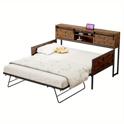 Slaapbank – Bedbank – Bankbed – Uitklapbank – 2-in-1 Sofa Bed – Zwart-Bruin – Met Opbergruimte Onder Zitting – Robuust Metaal-Hout Frame – Direct Gebruiksklaar Zonder Montage