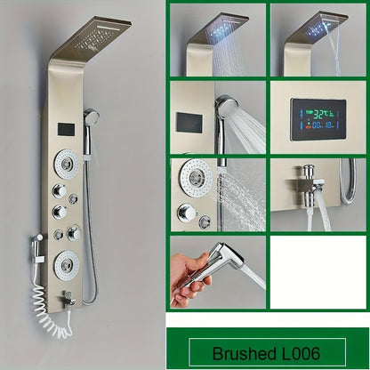 Douchepaneel – Douchekolom – Shower Tower – Regendouche – Handdouche – Geborsteld Nikkel – 304 Roestvrij Staal – Temperatuurdisplay zonder Batterij
