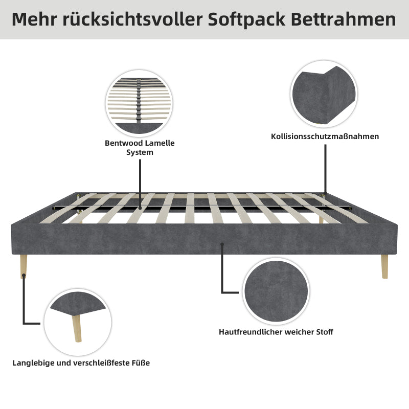 Bedframe – Tweepersoonsbed – Platformbed – Gestoffeerd Bed – Slaapbank – Grijze Dutch Velvet Bekleding – Stevig Metalen Frame – Geschikt Voor Matras 160x200 cm