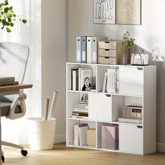 Boekenkast – Boekenrek – Opbergkast – Vakkenkast – Wandkast – Wit – 9 Vakken – 3 Deuren – 6 Open Planken – Compact & Stevig