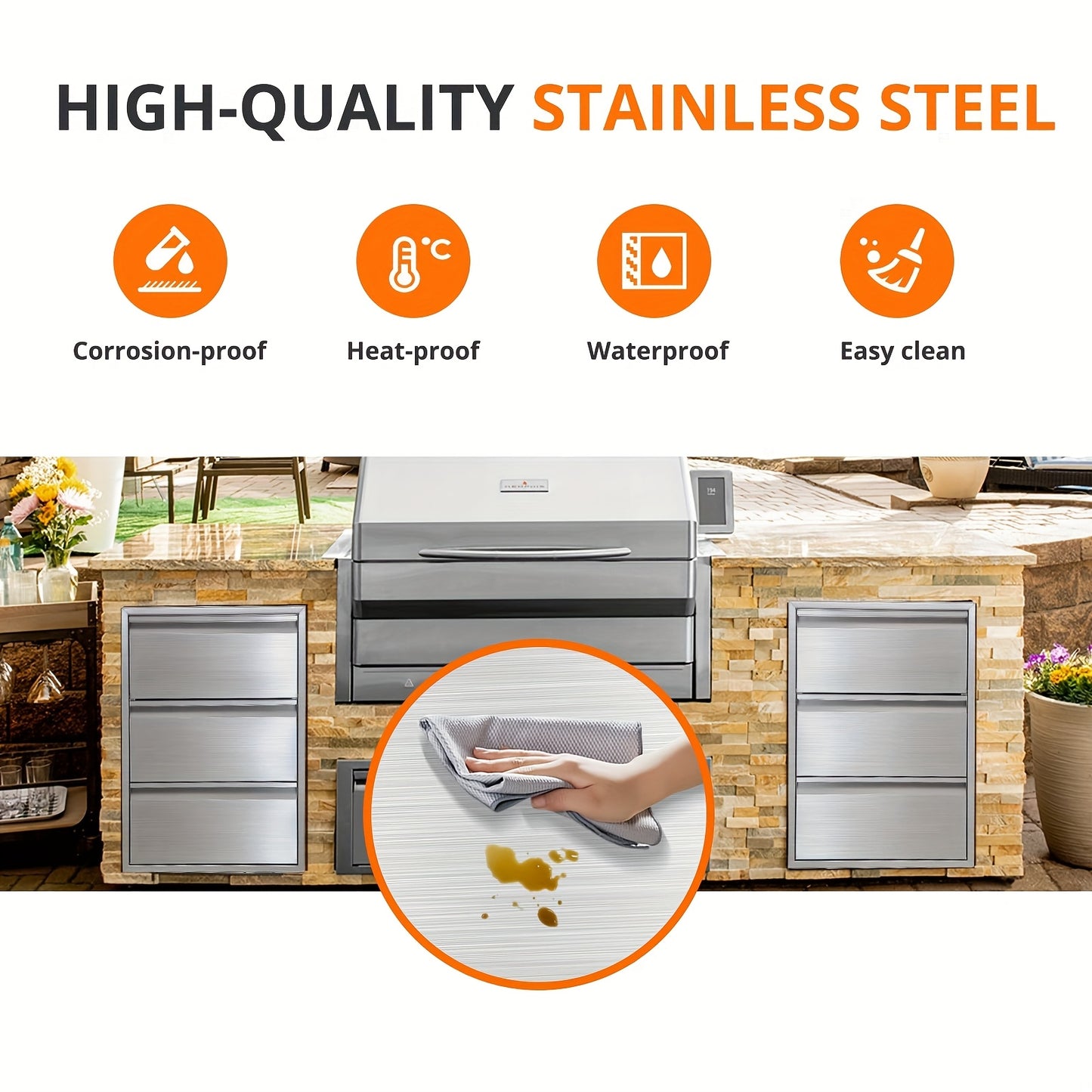 Buitenkeukenlade – BBQ Lade – Opberglade – RVS Lade – Buitenlade – Roestvrij Staal – Geïntegreerde Papieren Houder – 45,7 x 58,4 x 58,4 cm – Weerbestendig & Soepel Uitschuifsysteem
