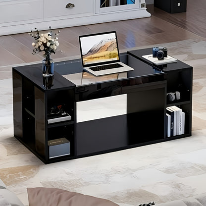 Salontafel glazen – Woonkamertafel koffietafel bijzettafel tafel – Modern design – Gehard glas – Hoogglans zwart – Hol middenstuk – Extra opbergruimte
