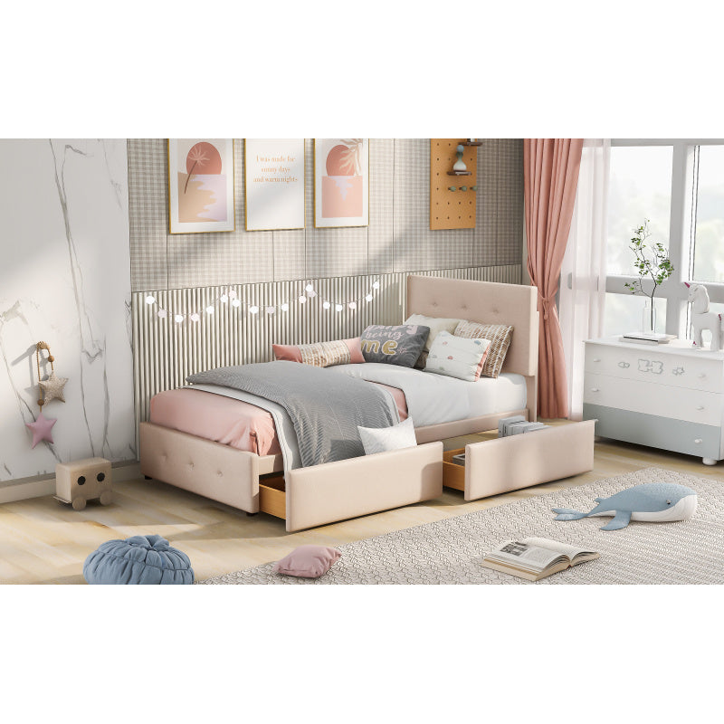 Bedbank – Slaapbank – Logeerbed – Eenpersoonsbed – Bedframe – Licht Beige Fluwelen Bekleding – Inclusief Lattenbodem en 2 Opberglades