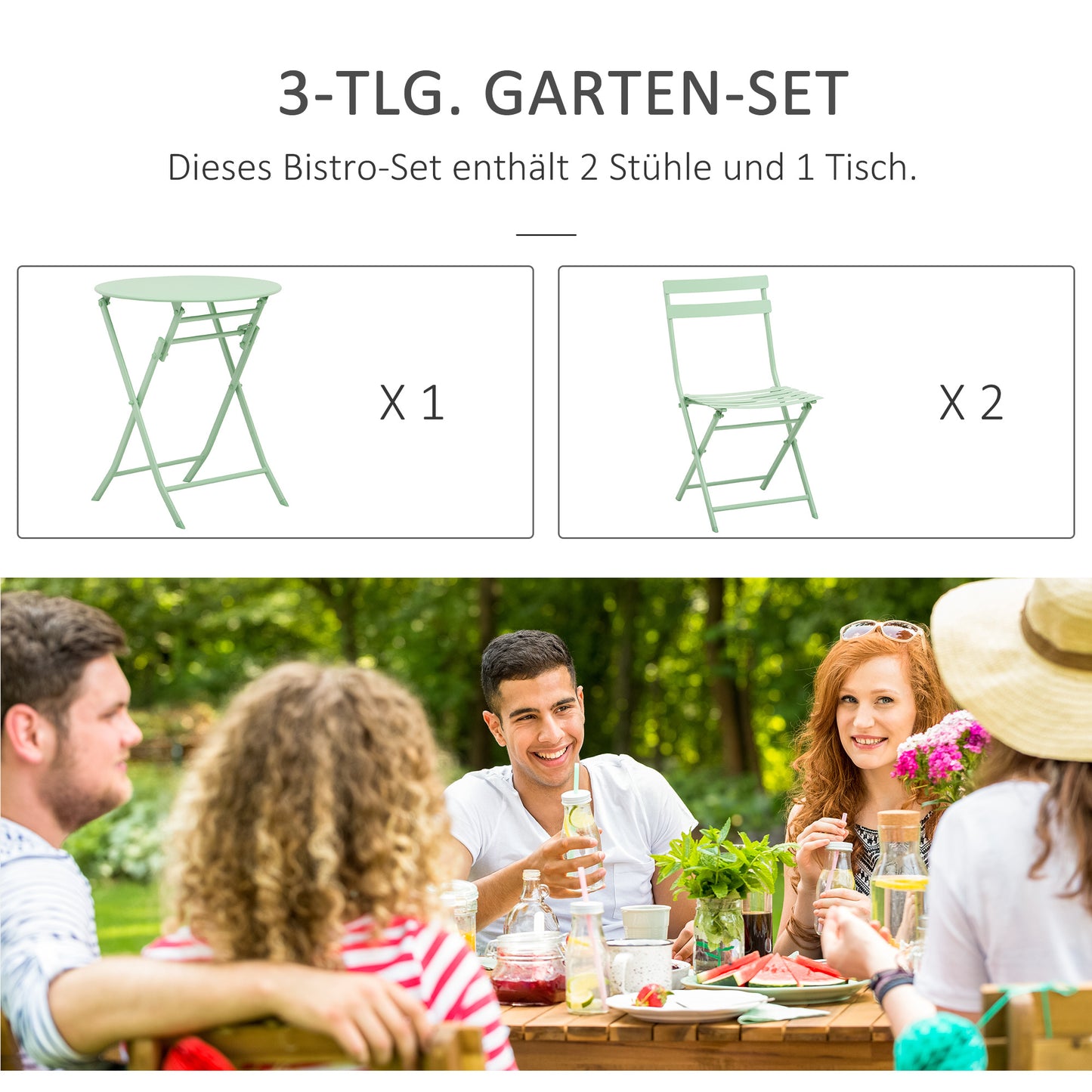3-Delige Tuinset – Balkonset – Bistroset – Inklapbare Tuinmeubels – Tuinstoelen – Groen – compact & inklapbaar – duurzaam gepoedercoat metaal