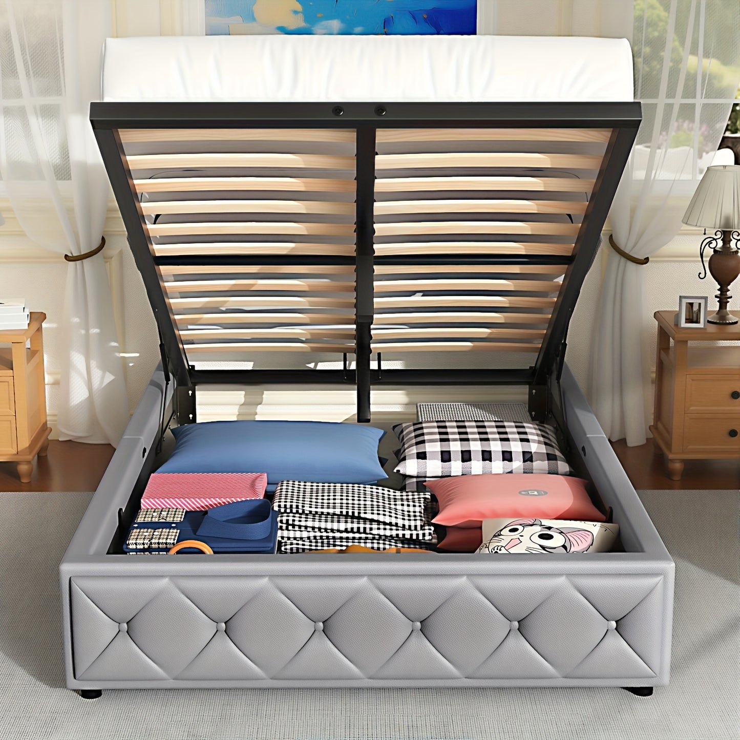 Gestoffeerd Tweepersoonsbed – Opbergbed – Bedframe Met Opbergruimte – Slaapbed – Hydraulisch Bed – Grijs – 140x200 cm – Handig Hydraulisch Liftmechanisme