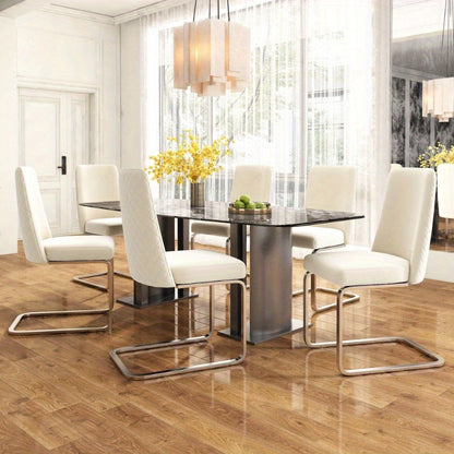 Eetkamerstoel – Stoel – Armstoel – Dinersstoel – Loungestoel – Set Van 6 – Beige Velvet Met Ruitmotief – Zilverkleurige Metalen Poot