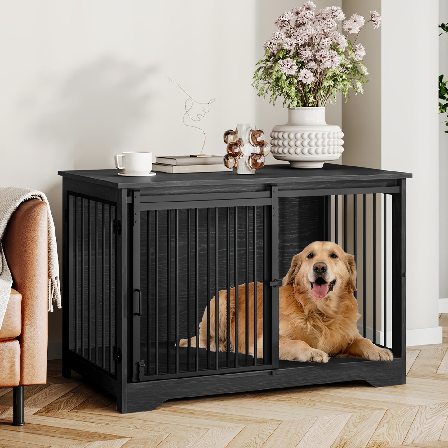 Houten Hondenbench – Hondenhok – Hondenkooi – Hondenbench Binnen – Hondenkennel – Zwarte Houten Bench – Dubbele Deuren – Verstevigd Slot
