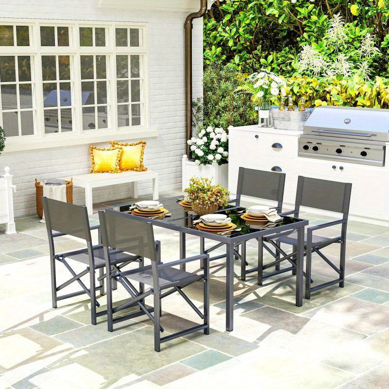 Eettafelset – Eethoek – Keukentafelset – Balkonset – Zitgroep – 5-delig – Inklapbare Stoelen – Gehard Glas Tafelblad – Stalen Frame – Modern Grijs