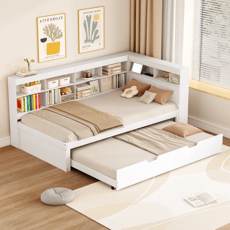 Uitschuifbare Slaapbank – Sofa Bed – Slaapbank Bed – Bedbank – Slaapbank Uitschuifbaar – Massief Houten Frame – 90x200 cm Slaapoppervlak – Wit met Opbergruimte