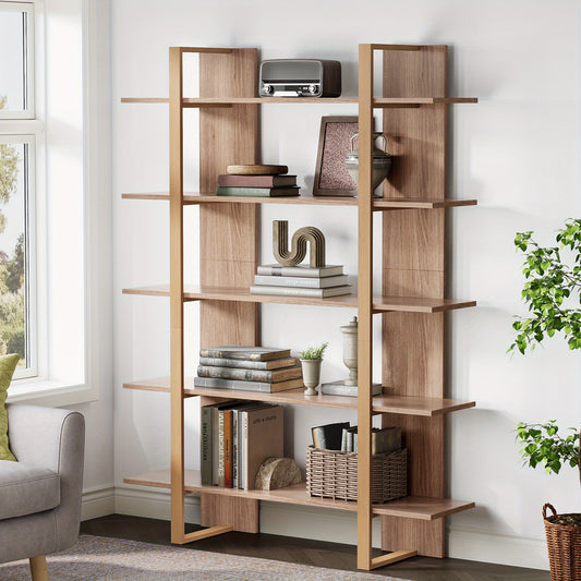Boekenkast – Boekrek – Boekenplank – Etagère – Opbergkast – Retro Bruin Zwart – 5 Laags – Hout Metaal – 120 cm Hoog – Stevig & Duurzaam