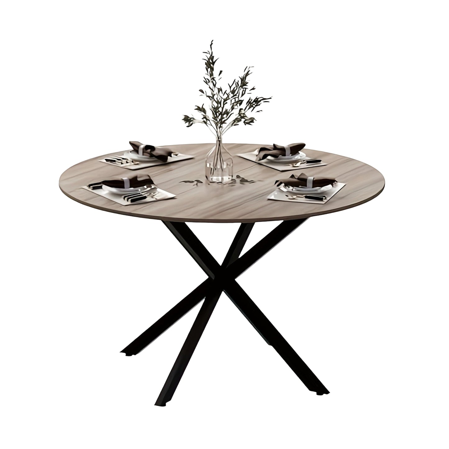 Ronde Houten Eettafel – Ronde Tafel – Eettafel – Vergadertafel – Koffietafel – X-Vormig Metalen Onderstel – Diameter 120 cm – Bruin Hout