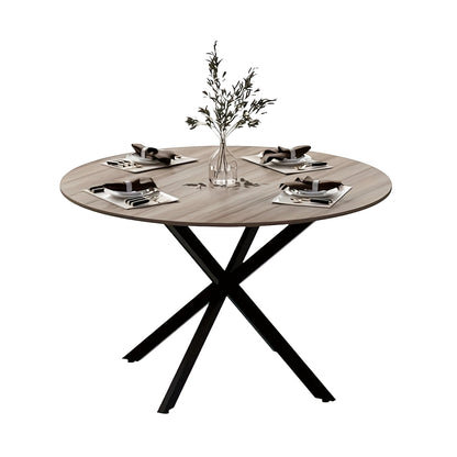 Ronde Houten Eettafel – Ronde Tafel – Eettafel – Vergadertafel – Koffietafel – X-Vormig Metalen Onderstel – Diameter 120 cm – Bruin Hout