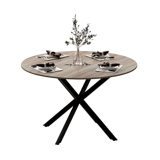 Ronde Houten Eettafel – Ronde Tafel – Eettafel – Vergadertafel – Koffietafel – X-Vormig Metalen Onderstel – Diameter 120 cm – Bruin Hout