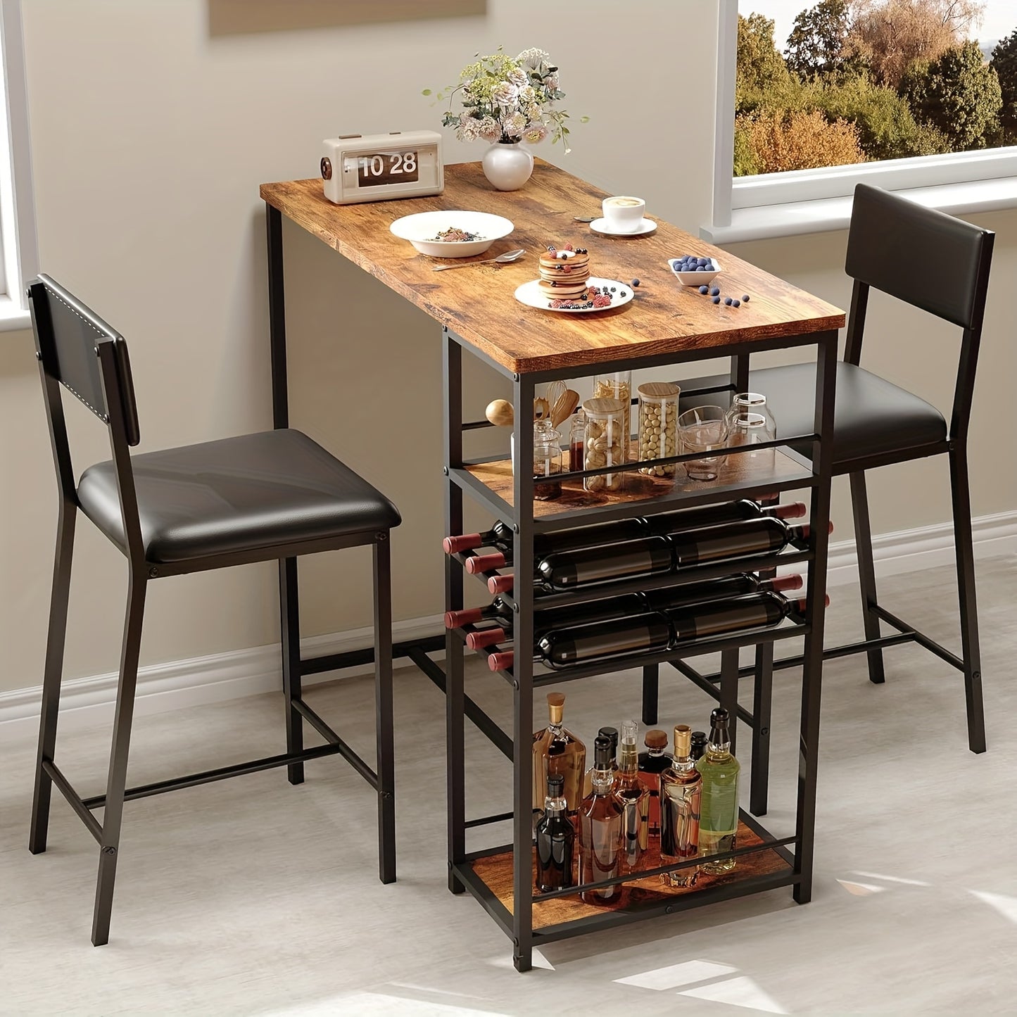 Bistroset – Tuinset – Balkonset – Eettafelset – Tuinmeubelset – Compact Rechthoekig – Met Opbergrekken – Metalen Frame Bruin – Beklede Stoelen Met Slat-Back Rugleuning