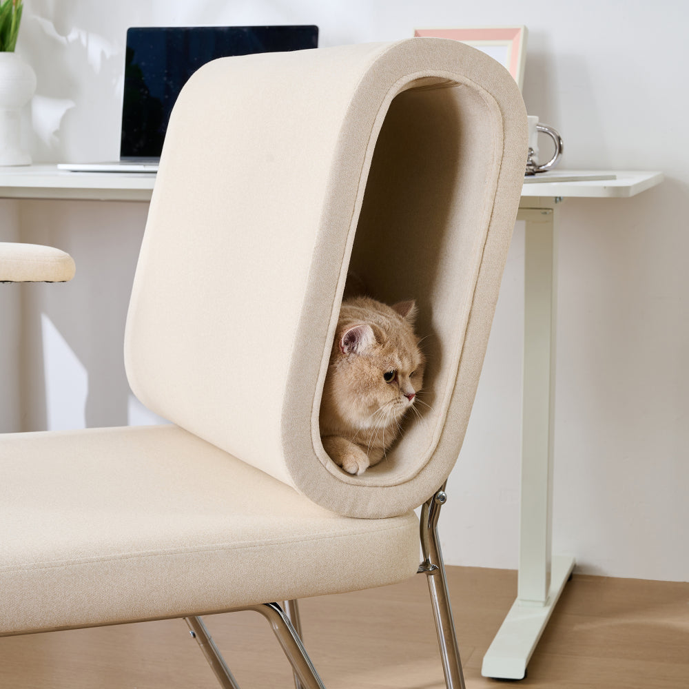 Ergonomische Bureaustoel – Bureaustoel met Kattenbed – Thuiswerkstoel – Bureaukruk – Werkstoel – Geïntegreerd Kattenbed – Krasbestendige Stof – Stalen Frame & Houten Poten – Beige