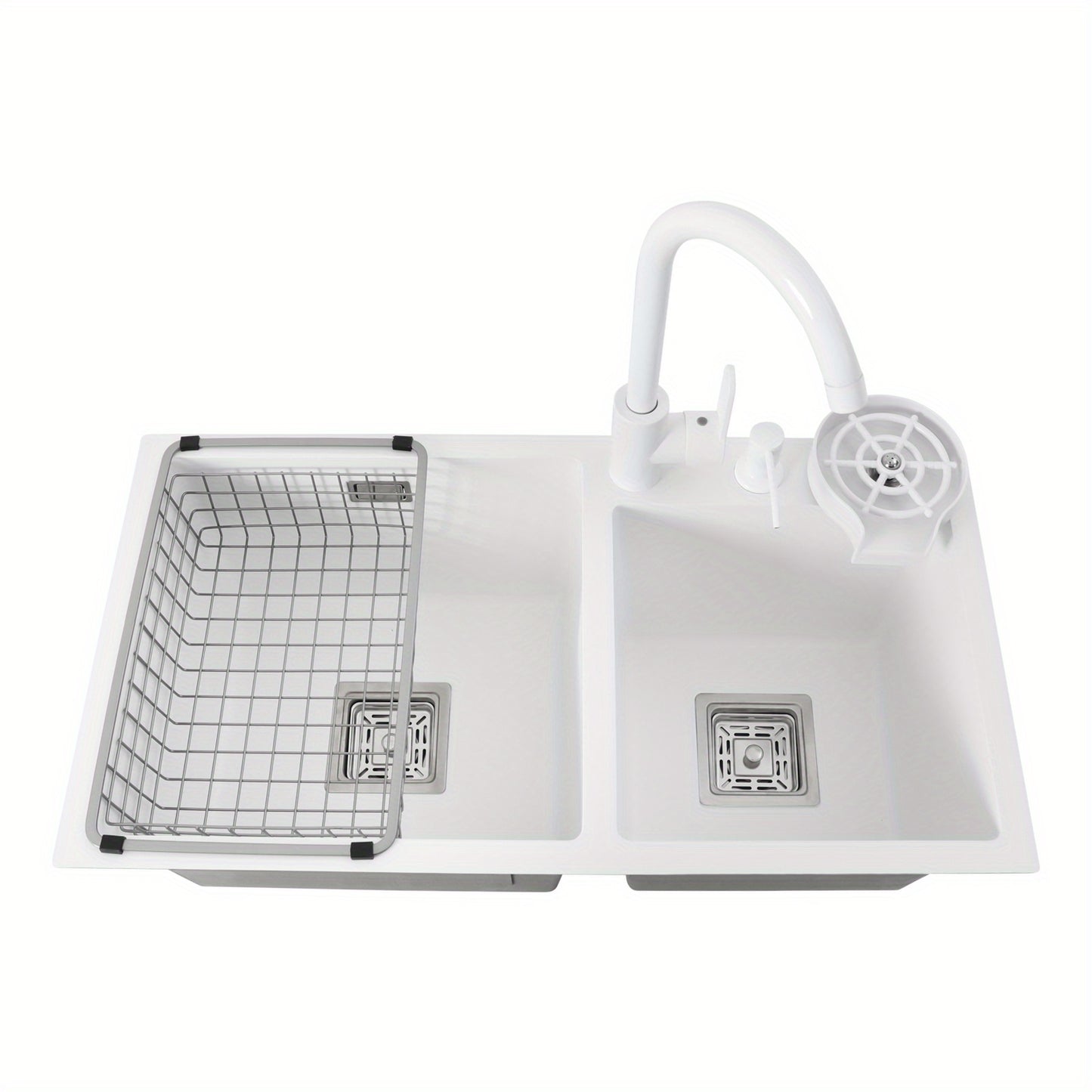 TOOL1SHOOO Large Double Basin Kitchen Sink 304 Stainless Steel with Faucet Double Basin Set Drain Basket Hand Soap Dispenser Top And Bottom Mount Modern White Sink with High Overflow Hole