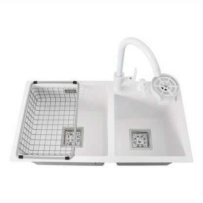 TOOL1SHOOO Large Double Basin Kitchen Sink 304 Stainless Steel with Faucet Double Basin Set Drain Basket Hand Soap Dispenser Top And Bottom Mount Modern White Sink with High Overflow Hole