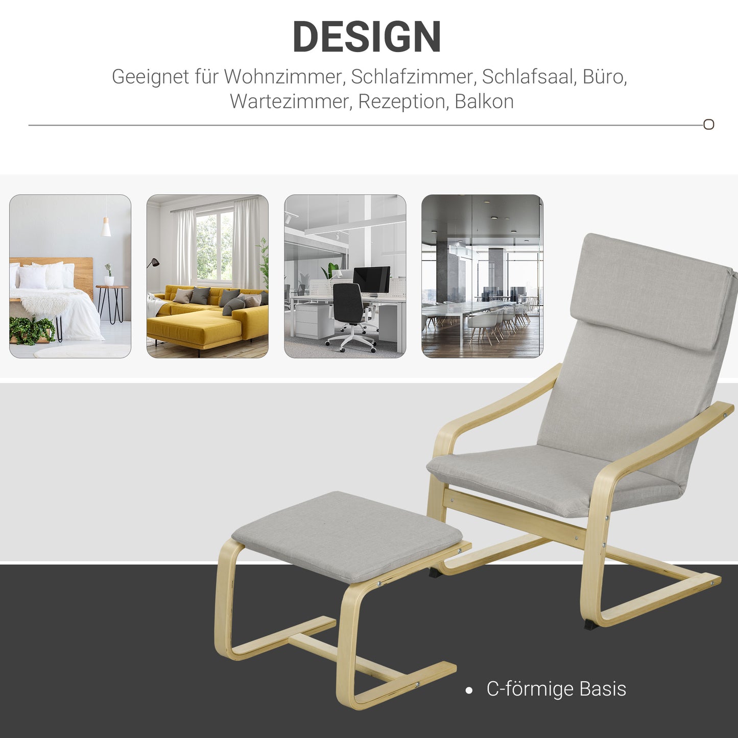 Loungestoel – Fauteuil – Relaxstoel – Zetel – Armstoel – Linnenlook Stof – Houten Frame – Incl. Voetenbankje – Max 120 Kg – Lichtgrijs/Natuur