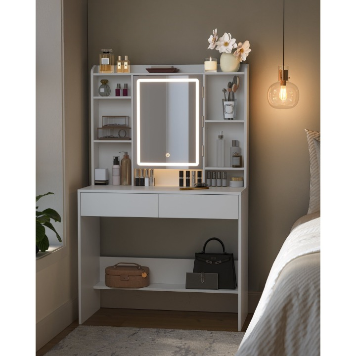 Kaptafel – Make-up Tafel – Opmaaktafel – Cosmeticatafel – Vanity Set – Wit Modern Design – LED Verlichting 3 Kleuren & Instelbare Helderheid – Verstelbare Planken & 2 Lades – Inclusief Spiegel