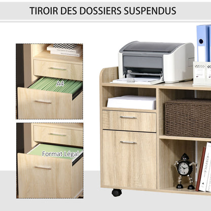 Rolwagen – Printerstandaard – Office Organizer – Mobiele Opberger – Bureauwagen – Licht Eikenhout – Verstelbare Plank – 80x40x72 cm
