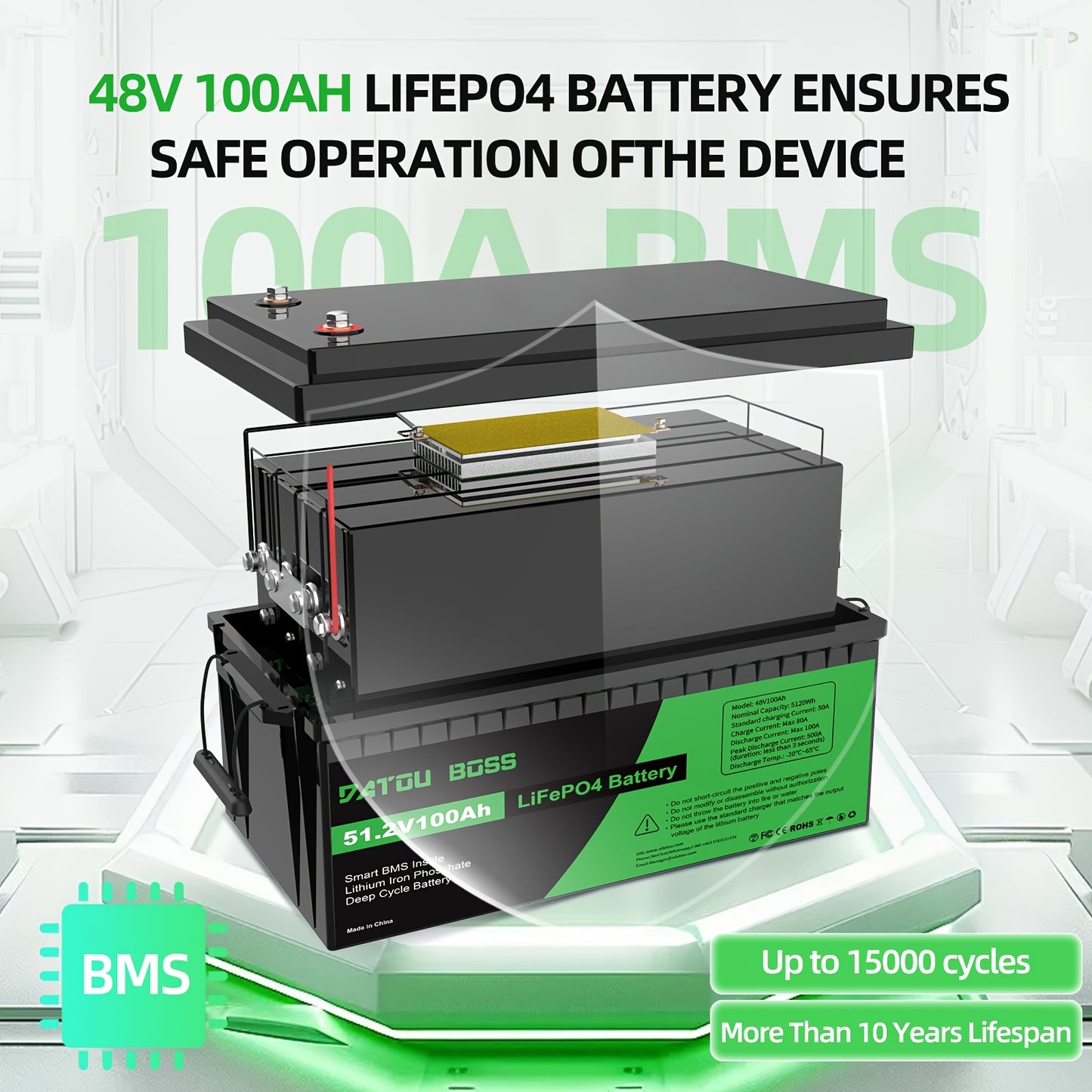 LiFePO4 Accu – Lithium Batterij – Deep Cycle Accu – Zonne-energie Accu – Marine Accu – 48V 100Ah – 15000+ Cycli – 100A BMS Veiligheidssystemen