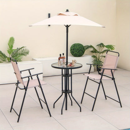Bistrotafel Balkonset – Balkonmeubels Tuinset – Zitgroep Parasolset – Inklapbare Stoelen – Beige Kleur – Geharde Glas Tafel – Ruimtebesparend & Stevig Frame