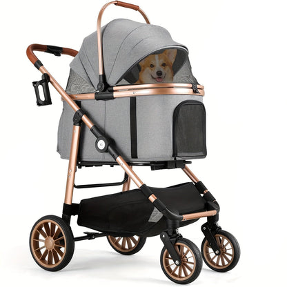Hondenbuggy – Dierenwagen – Hondenwagen – Huisdierenwagen – Wandelwagen – 4-in-1 Multifunctioneel – Stevig Carbon Stalen Frame – Geschikt Tot 25 kg – Champagne Goud / Grijs