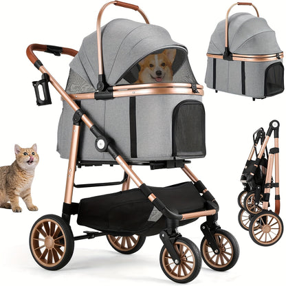 Hondenbuggy – Dierenwagen – Hondenwagen – Huisdierenwagen – Wandelwagen – 4-in-1 Multifunctioneel – Stevig Carbon Stalen Frame – Geschikt Tot 25 kg – Champagne Goud / Grijs