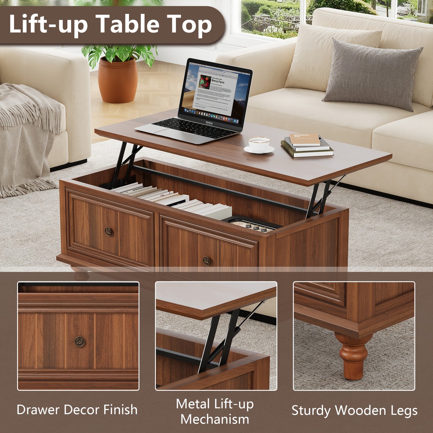Salontafel – Koffietafel – Bijzettafel – Woonkamertafel – Tafel – Verstelbaar Liftblad – Verborgen Opbergruimte – MDF Walnoot Finishing