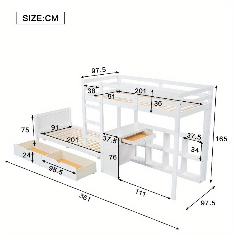 Bureaubed – Stapelbed – Kinderbed – Eenpersoonsbed – Slaapbank – Modern Design – Stevig Metalen Frame Met Bekleed Hoofdeinde – 90x200 cm
