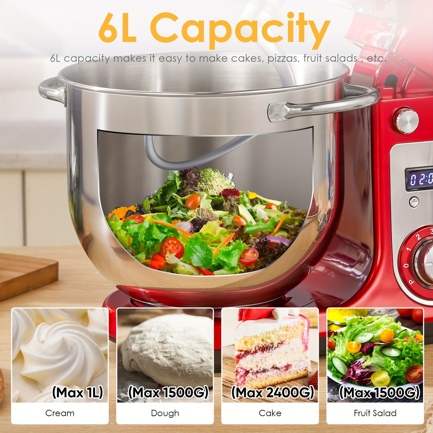 Keukenmixer – Keukenmachine – Keukenrobot – Mixer – Standmixer – 6L Mengkom – 1200W DC Stil Motor – 6 Snelheden met LCD Timer