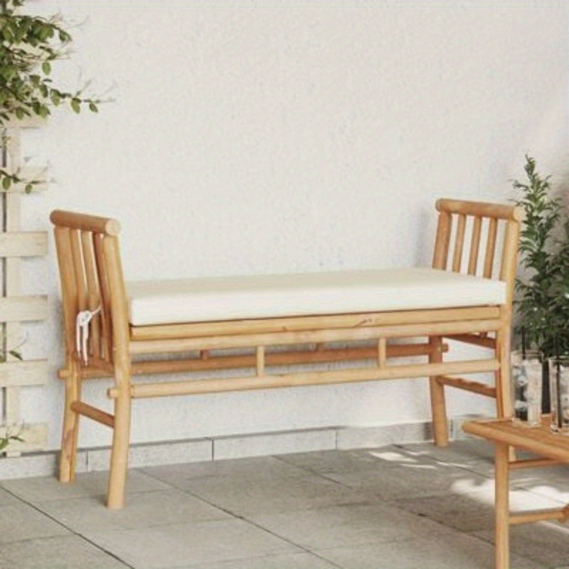 Tuinbank – Buitenbank – Tuinmeubel – Zitbank – 110Cm – Bamboe – Met Comfortabel Kussen – Duurzaam & Weerbestendig – Crème