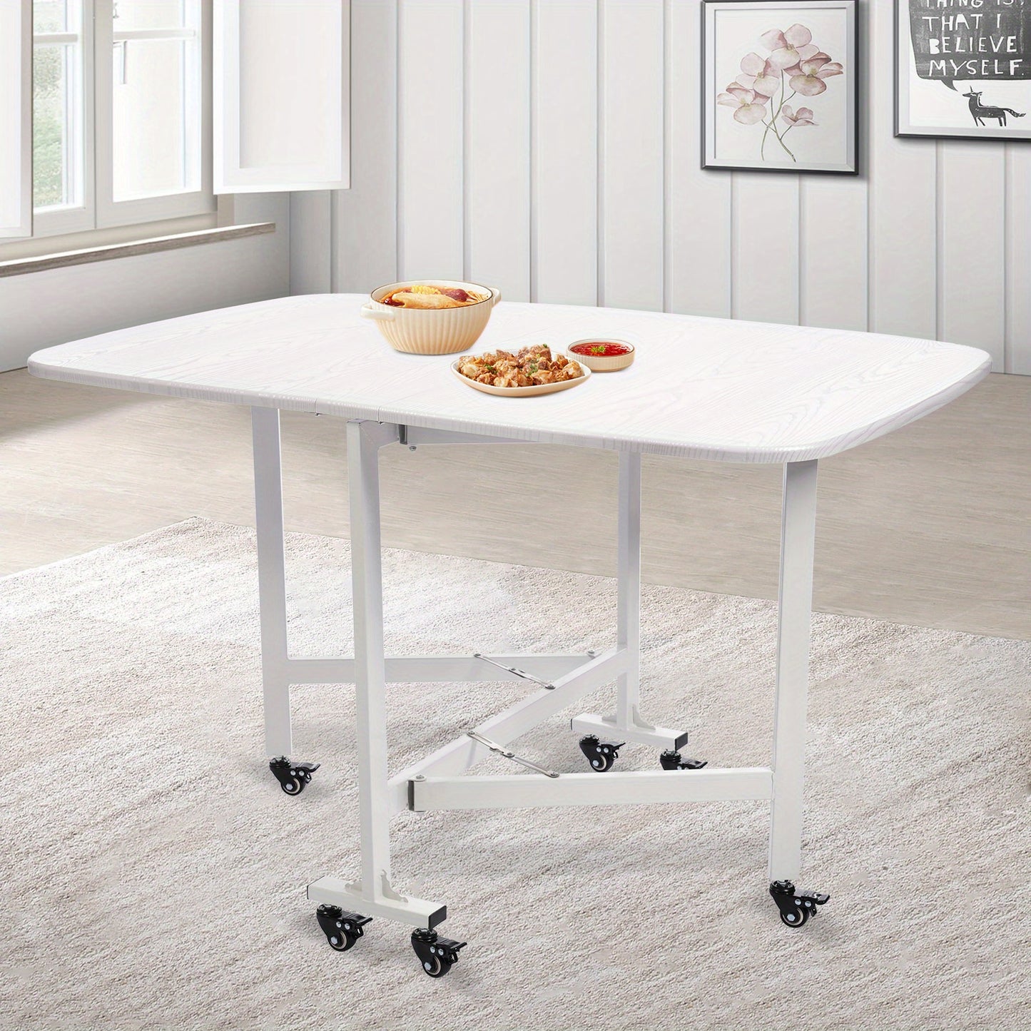 Klaptafel – Vouwtafel – Opvouwbare Tafel – Plooitafel – Bijzettafel – Drievoudig Opvouwbaar – 120x80x75 cm – Wit Met Houtnerfstructuur – Voor Binnen & Buiten Met 6 Zwenkwieltjes
