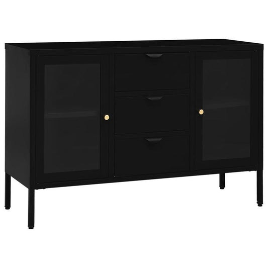 Modern Zwart Stalen Dressoir – Sideboard – Kast – Opbergmeubel – Winkelkast – Minimalistisch Design – 105x35x70 cm – Uitneembare Lades & Glazen Planken