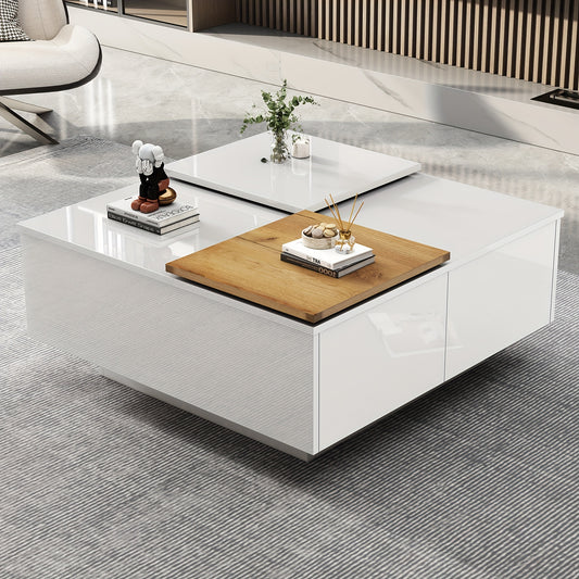 Salontafel – Bijzettafel – Tafel – Meubel – Woonkamermeubel – Hoogglans Wit – Schuiflade Met Opbergruimte – Compact 75x75x33,5 cm – Max. 30 kg Draagkracht