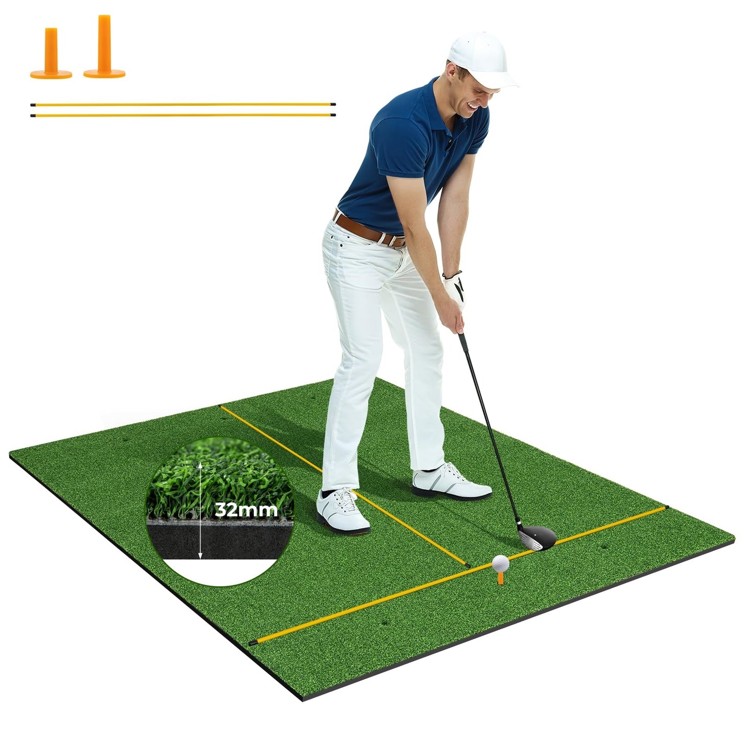Golfmat – Golf oefenmat – Putting mat – Trainingsmat – Teemat – 6 tee-plaatsen – Inclusief 2 alignment sticks – Realistisch kunstgras – Duurzame EVA constructie – Groen – 152x117 cm