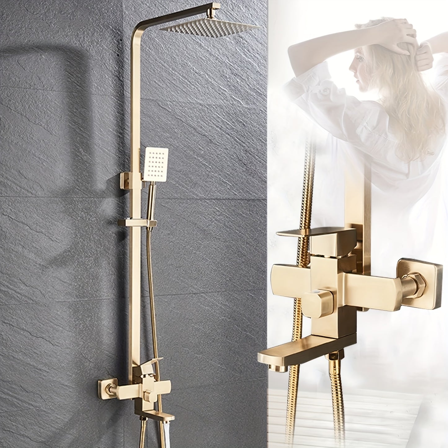 Douche Set – Regendouche – Handdouche – Douchepaneel – Douche Systeem – Geborsteld Goud – RVS Materiaal – Muurmontage Zonder Elektriciteit